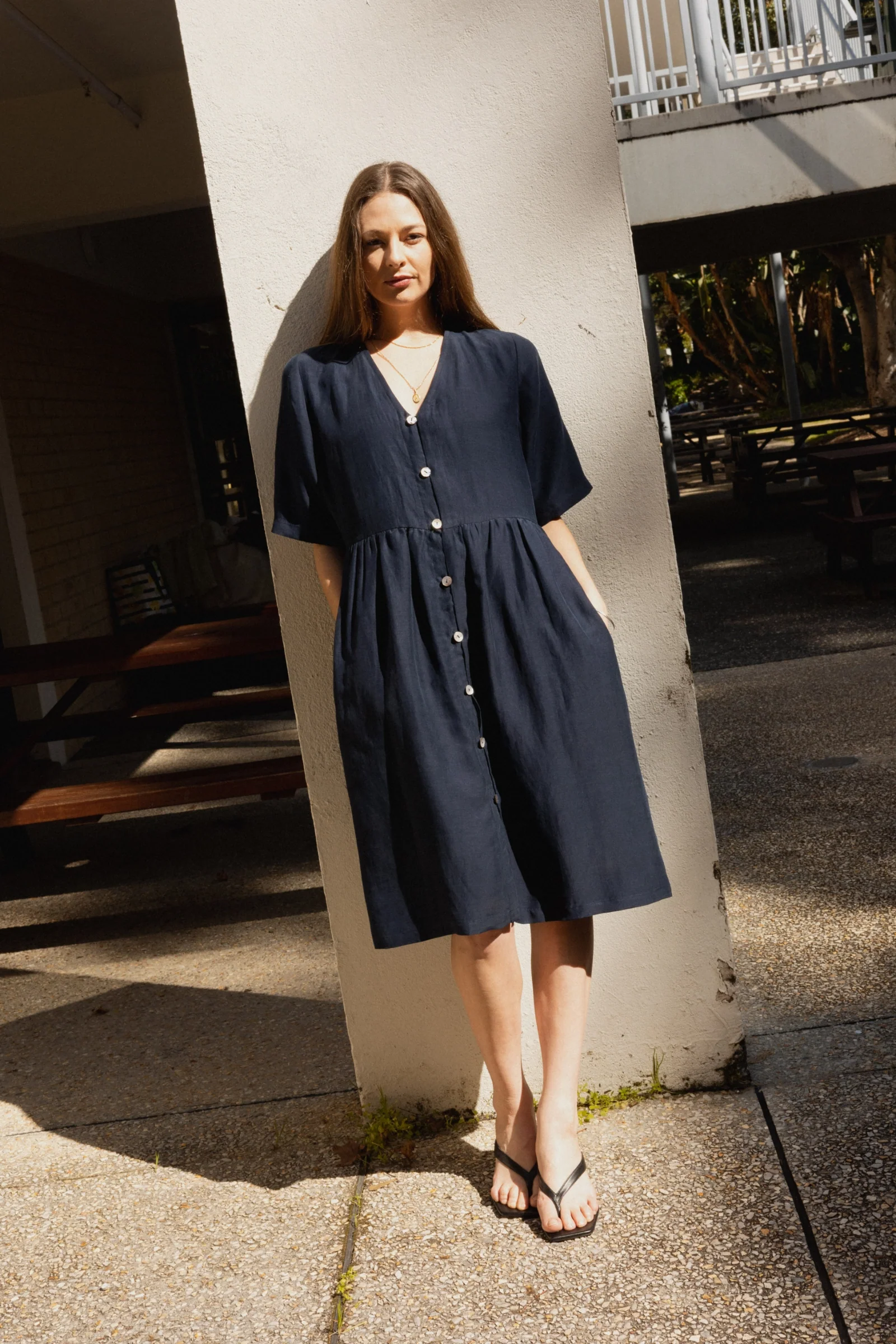 Button Front V Neck Dress | Navy - Barbeachs