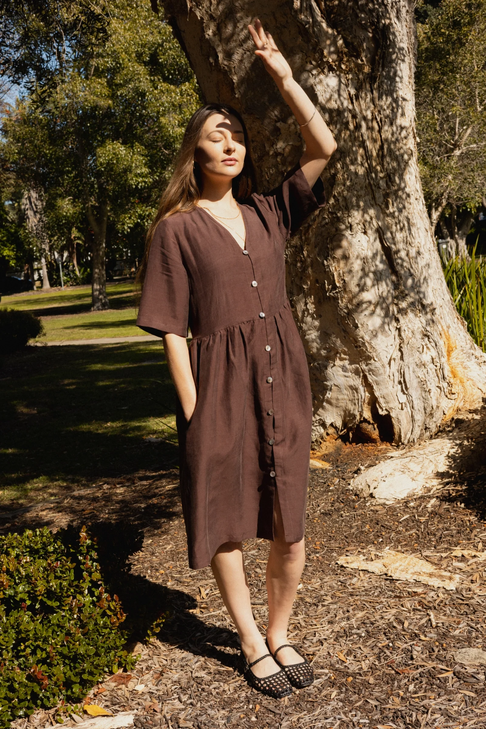 Button Front V Neck Dress | Cocoa - Barbeachs