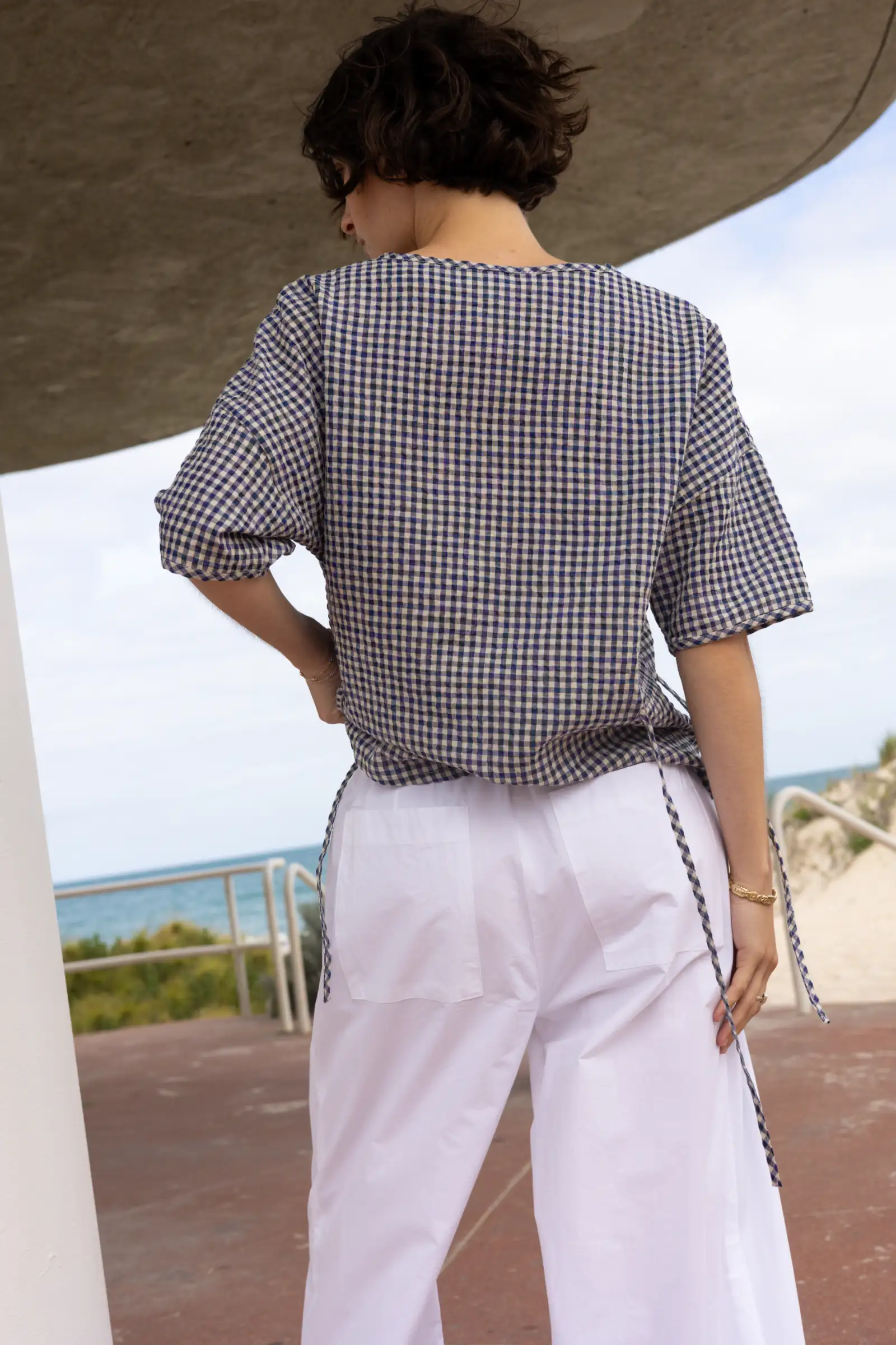 Gather Top with Ties | Royal Blue Gingham - Barbeachs