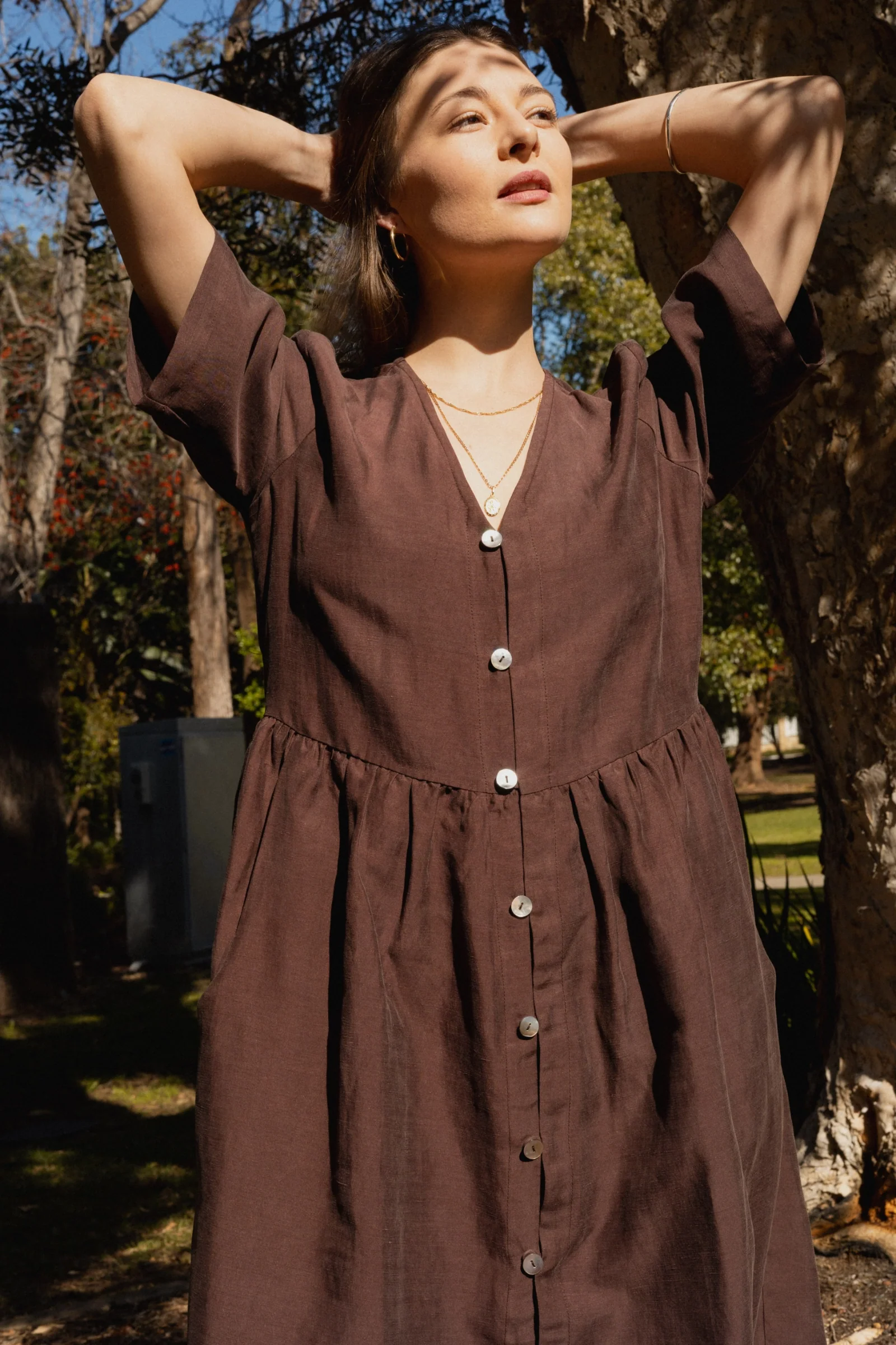 Button Front V Neck Dress | Cocoa - Barbeachs