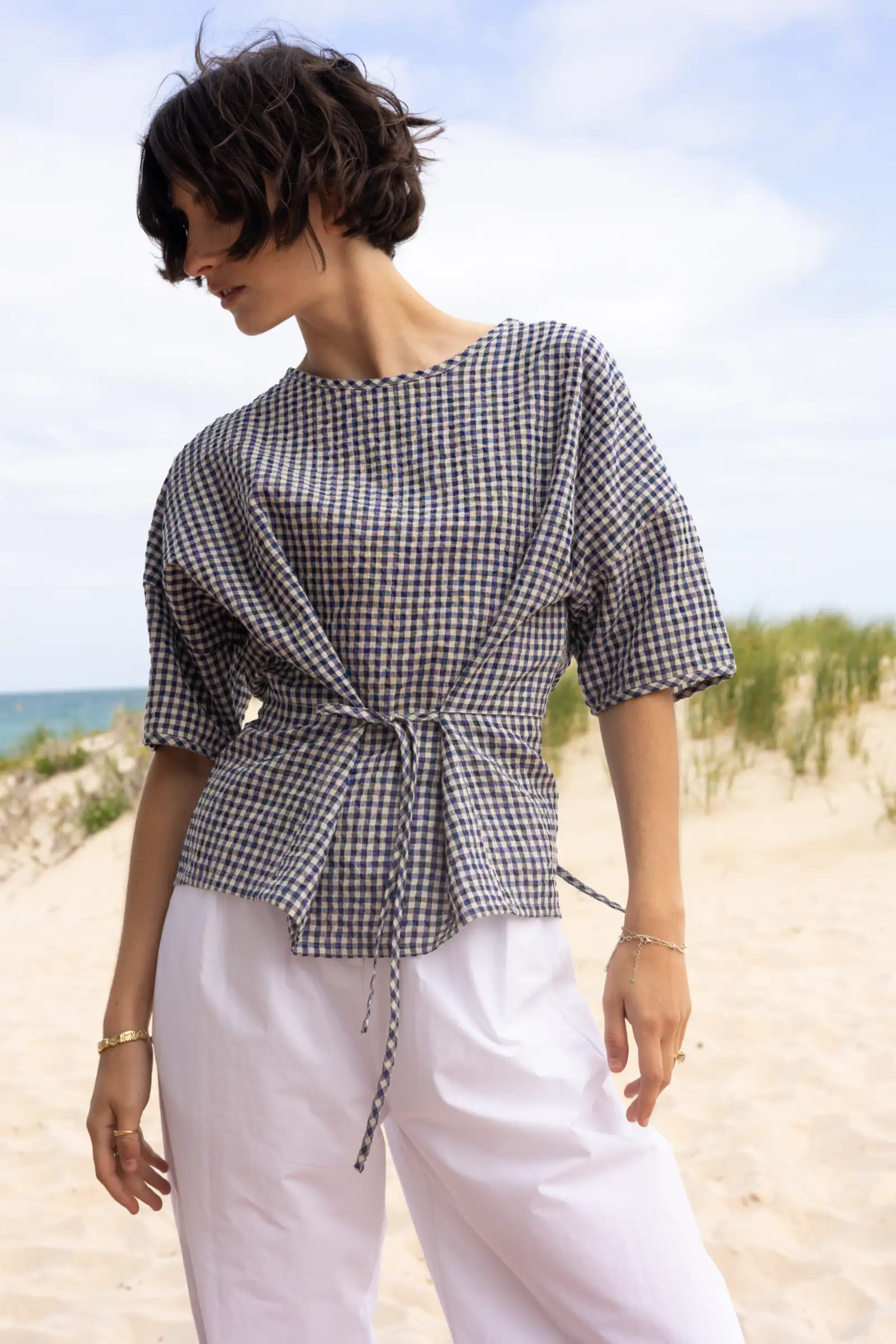 Gather Top with Ties | Royal Blue Gingham - Barbeachs
